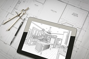 Computer,Tablet,Showing,Kitchen,Illustration,Sitting,On,House,Plans,With