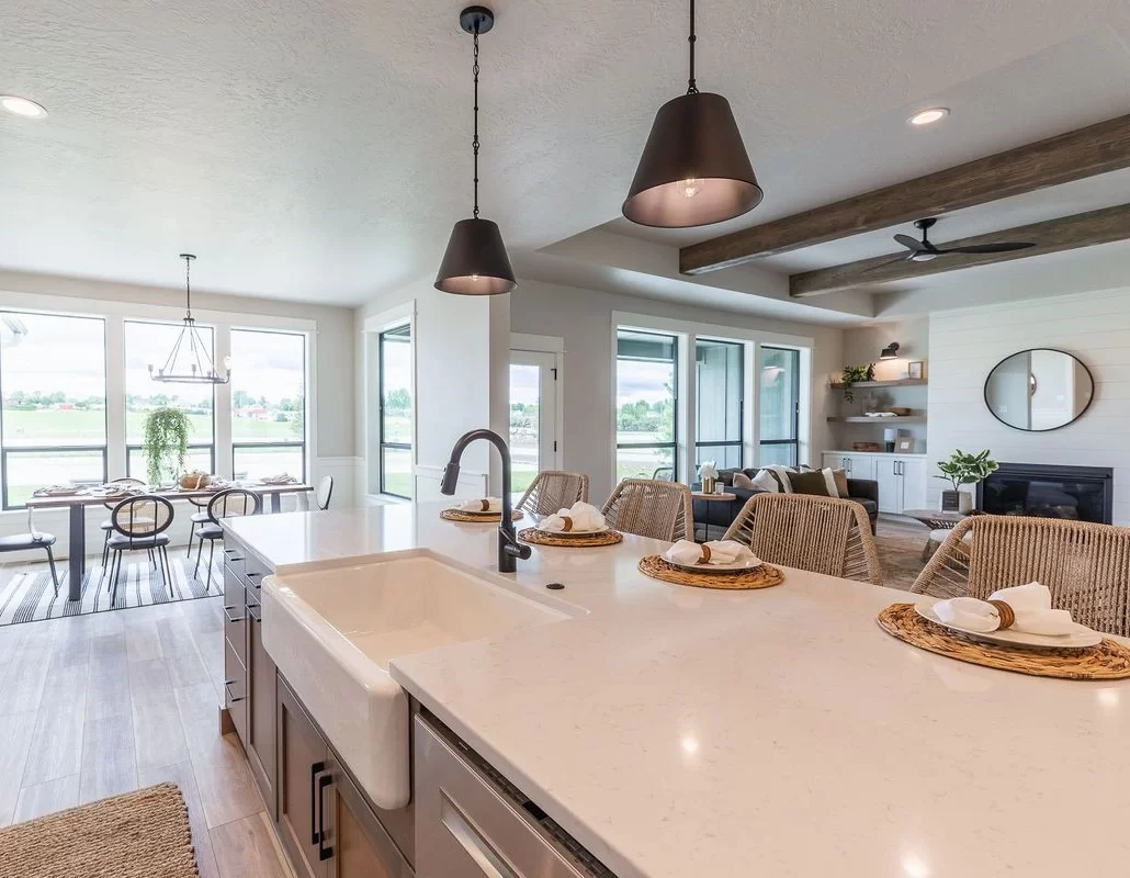 Open-concept kitchen and living room in a custom Caldwell Idaho home