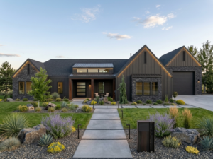 Custom home by an Idaho custom home builder in the Treasure Valley. The Sage floor plan by Idaho Impact Homes featuring a modern dark exterior, covered entry, three-car garage, and landscaped front yard.
