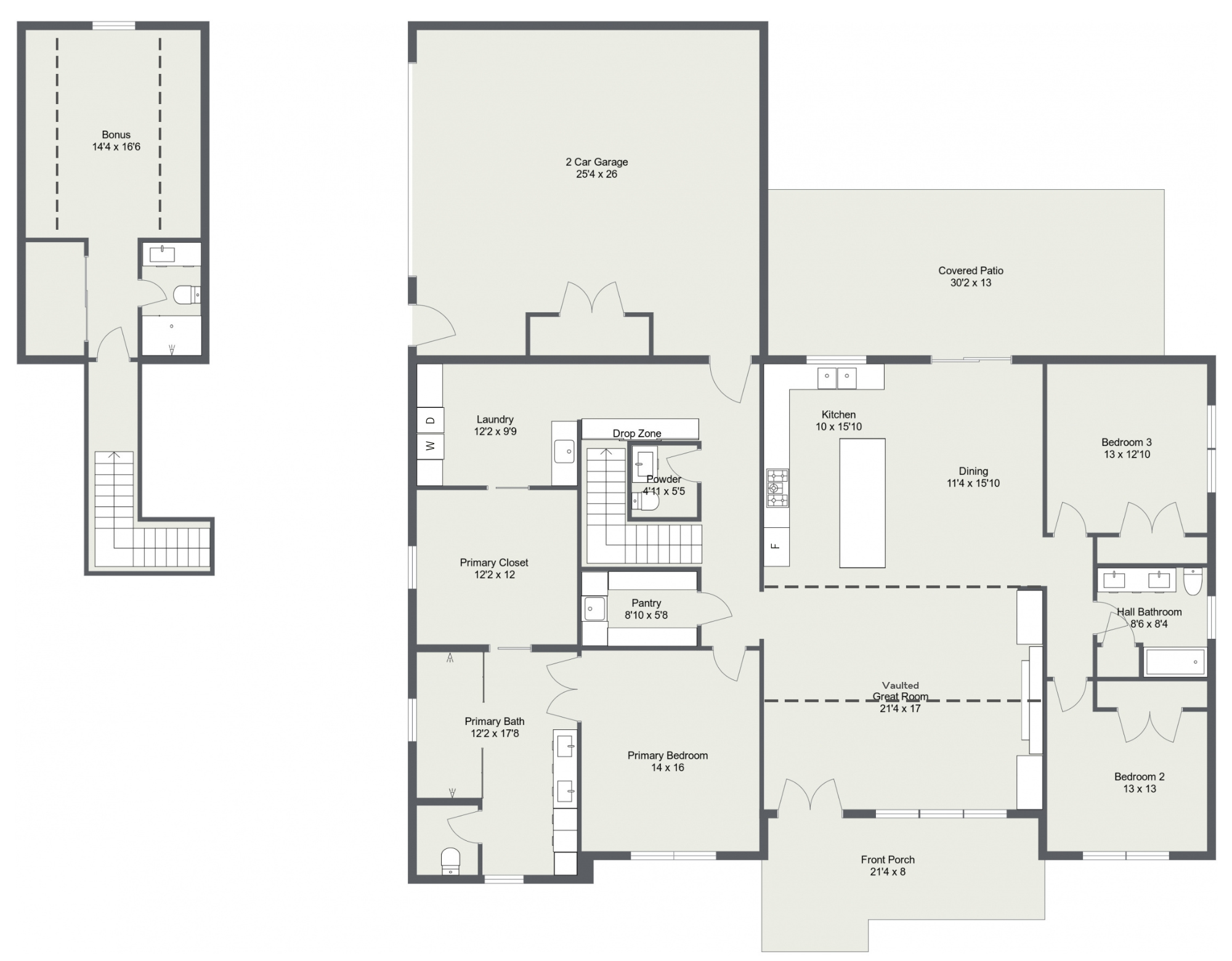 2D floor plan rendering of The Aspen by Idaho Impact Homes, showing a 2,201 sq ft layout with 3 bedrooms, 2.5 bathrooms, vaulted great room, kitchen, pantry, laundry room, 2-car garage, covered patio, and bonus room.