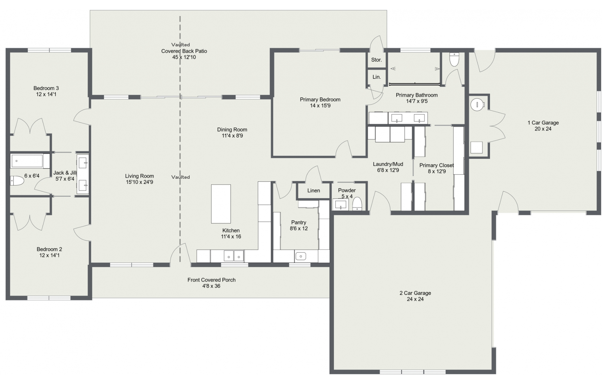 The Cascade Floor Plan 2D rendering by Idaho Impact Homes, showing a 2,100 sq ft layout with 3 bedrooms, 2.5 bathrooms, vaulted living room, dining room, kitchen, large pantry, covered patios, primary suite, laundry and mud room, 2-car garage, and separate 1-car garage.