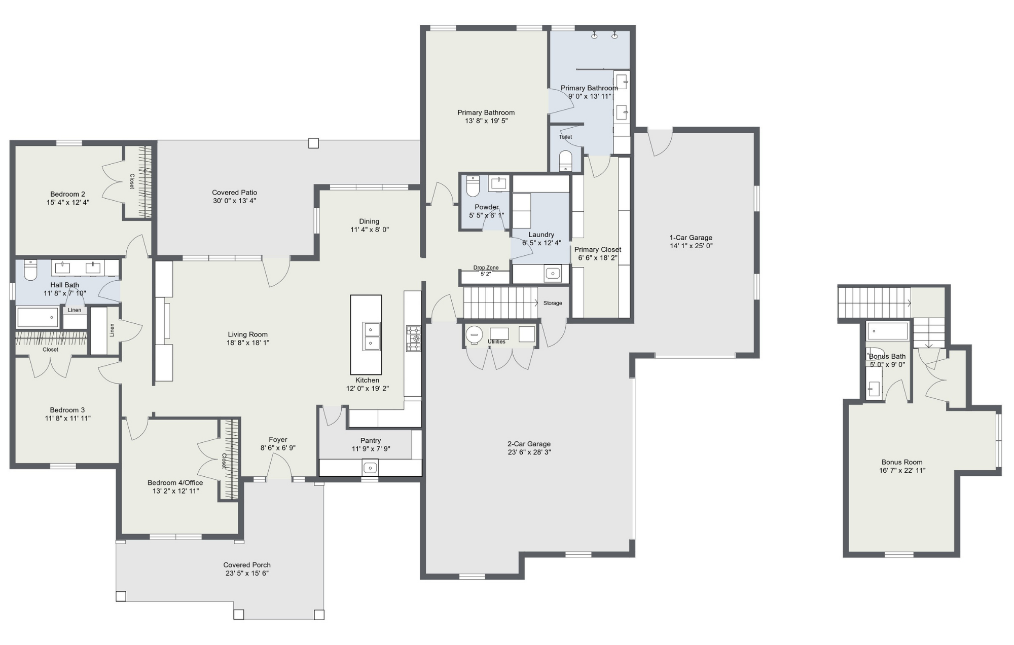 The Tamarack floor plan by Idaho Impact Homes, showing a 2,572 sq ft layout with 4 bedrooms, 3.5 bathrooms, great room, kitchen, pantry, utility room, covered patio, covered porch, 3-car split garage, and upstairs bonus room with bath.